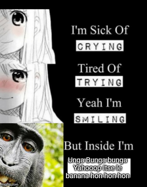 Happy Monkey | Unga Bunga bunga Yahooop Itse le banana hon hon hon | image tagged in i'm sick of crying | made w/ Imgflip meme maker