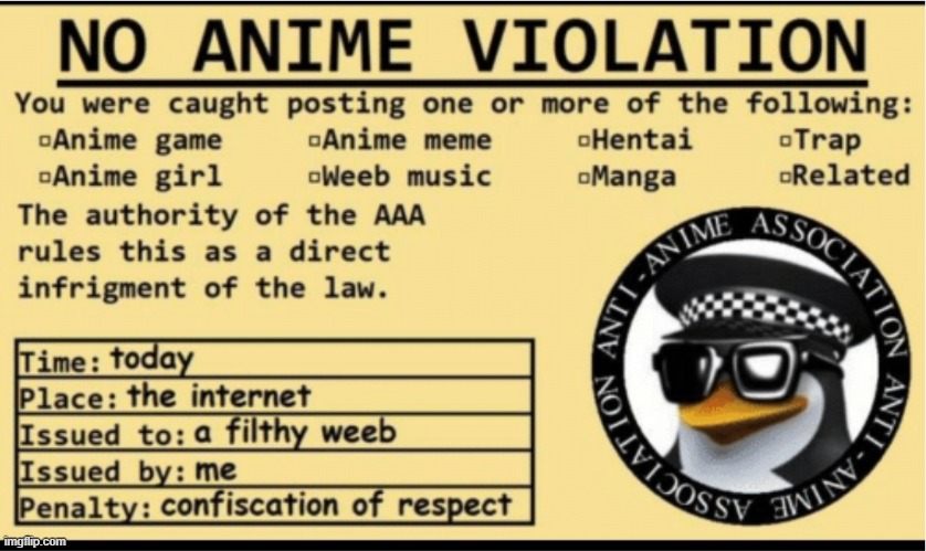 NO ANIME VIOLATION | image tagged in no anime violation | made w/ Imgflip meme maker