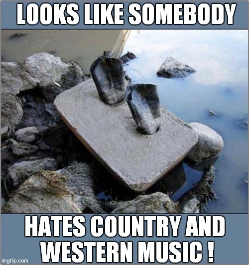 At Least He Died With His Boot On ! | LOOKS LIKE SOMEBODY; HATES COUNTRY AND 
WESTERN MUSIC ! | image tagged in hate,country  western,boots,dark humour | made w/ Imgflip meme maker