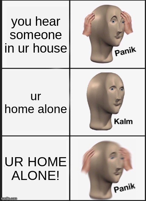 Panik Kalm Panik | you hear someone in ur house; ur home alone; UR HOME ALONE! | image tagged in memes,panik kalm panik | made w/ Imgflip meme maker