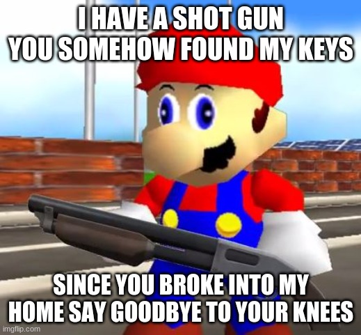 SMG4 Shotgun Mario | I HAVE A SHOT GUN YOU SOMEHOW FOUND MY KEYS; SINCE YOU BROKE INTO MY HOME SAY GOODBYE TO YOUR KNEES | image tagged in smg4 shotgun mario | made w/ Imgflip meme maker