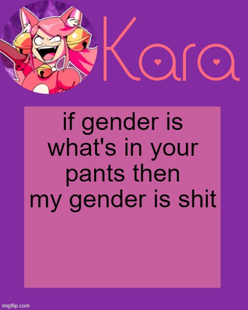 Kara's Mew Mew Temp | if gender is what's in your pants then my gender is shit | image tagged in kara's mew mew temp | made w/ Imgflip meme maker