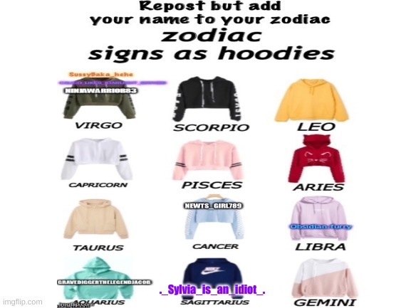 "Repost it."-Repost police | ._Sylvia_is_an_idiot_. | image tagged in zodiac signs,in a nutshell,repost police,repost your own memes week | made w/ Imgflip meme maker