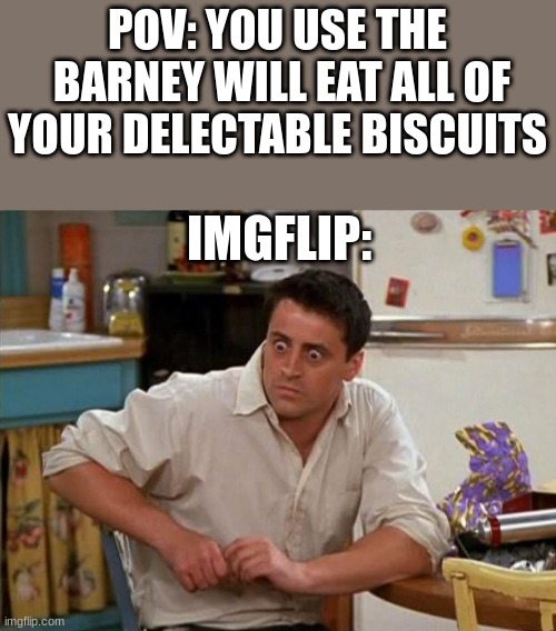 Not my B I S C U T S! |  POV: YOU USE THE
 BARNEY WILL EAT ALL OF YOUR DELECTABLE BISCUITS; IMGFLIP: | image tagged in surprised joey,barney will eat all of your delectable biscuits,mwahahaha,oh wow are you actually reading these tags | made w/ Imgflip meme maker