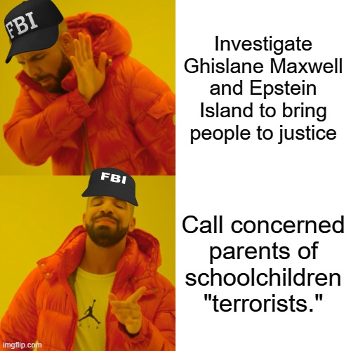 Priorities! | Investigate Ghislane Maxwell and Epstein Island to bring people to justice; Call concerned parents of schoolchildren "terrorists." | image tagged in memes,drake hotline bling | made w/ Imgflip meme maker