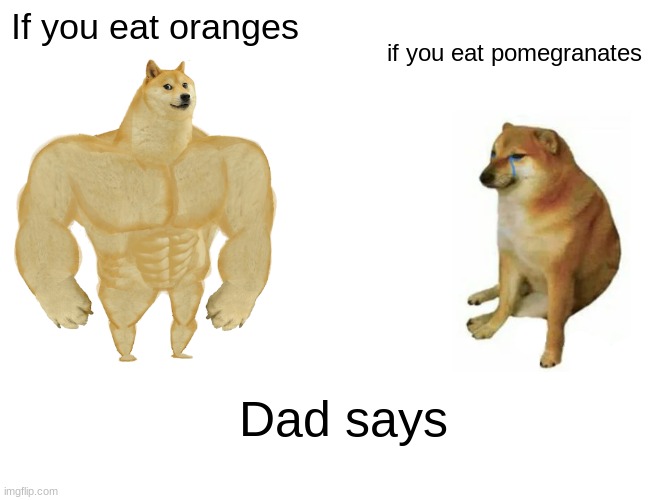 My Father is a simple man meme | If you eat oranges; if you eat pomegranates; Dad says | image tagged in memes,buff doge vs cheems | made w/ Imgflip meme maker