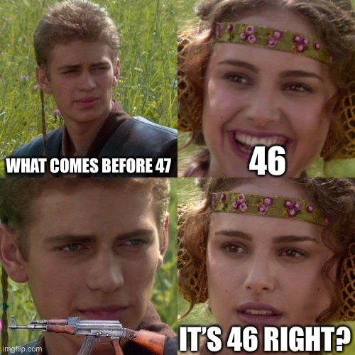 Anakin Padme 4 Panel | 46; WHAT COMES BEFORE 47; IT’S 46 RIGHT? | image tagged in anakin padme 4 panel | made w/ Imgflip meme maker