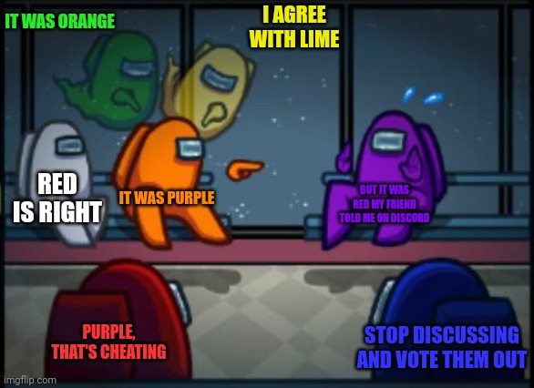 Stop chatting on Discord | IT WAS ORANGE; I AGREE WITH LIME; RED IS RIGHT; IT WAS PURPLE; BUT IT WAS RED MY FRIEND TOLD ME ON DISCORD; PURPLE, THAT'S CHEATING; STOP DISCUSSING AND VOTE THEM OUT | image tagged in among us blame,memes,funny | made w/ Imgflip meme maker
