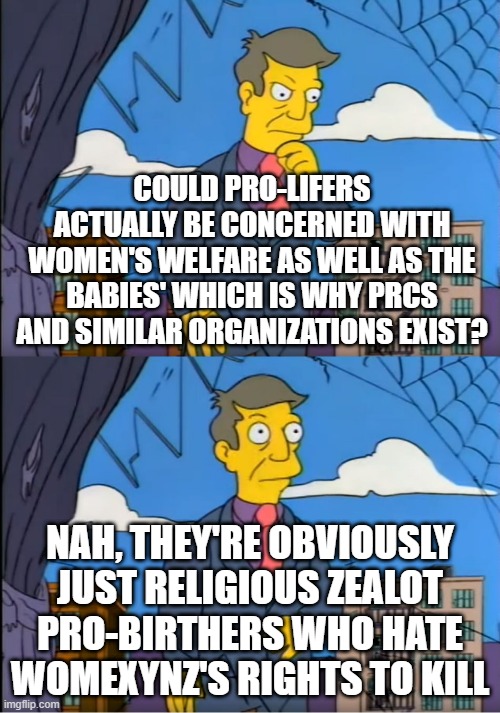 To those who seriously think we're just pro-birth, how may homeless people have you taken in? | COULD PRO-LIFERS ACTUALLY BE CONCERNED WITH WOMEN'S WELFARE AS WELL AS THE BABIES' WHICH IS WHY PRCS AND SIMILAR ORGANIZATIONS EXIST? NAH, THEY'RE OBVIOUSLY JUST RELIGIOUS ZEALOT PRO-BIRTHERS WHO HATE WOMEXYNZ'S RIGHTS TO KILL | image tagged in skinner out of touch | made w/ Imgflip meme maker