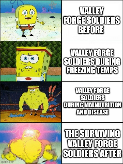 Education of george washington meme | VALLEY FORGE SOLDIERS BEFORE; VALLEY FORGE SOLDIERS DURING FREEZING TEMPS; VALLEY FORGE SOLDIERS DURING MALNUTRITION AND DISEASE; THE SURVIVING VALLEY FORGE SOLDIERS AFTER | image tagged in sponge finna commit muder | made w/ Imgflip meme maker