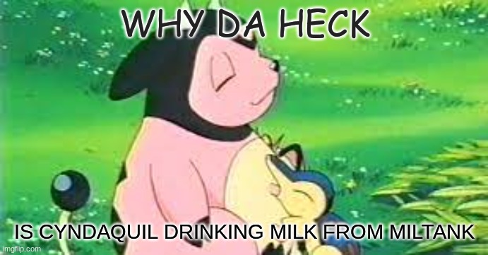 MILK DRINKING | WHY DA HECK; IS CYNDAQUIL DRINKING MILK FROM MILTANK | image tagged in funny memes | made w/ Imgflip meme maker