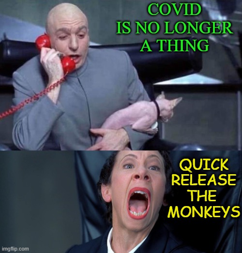 Release the Monkeys | COVID IS NO LONGER
A THING; QUICK
RELEASE
THE 
MONKEYS | image tagged in dr evil and frau | made w/ Imgflip meme maker