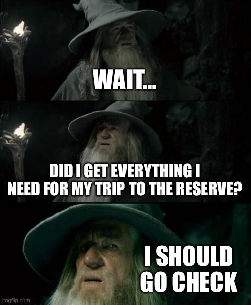 Confused Gandalf Meme | WAIT…; DID I GET EVERYTHING I NEED FOR MY TRIP TO THE RESERVE? I SHOULD GO CHECK | image tagged in memes,confused gandalf | made w/ Imgflip meme maker