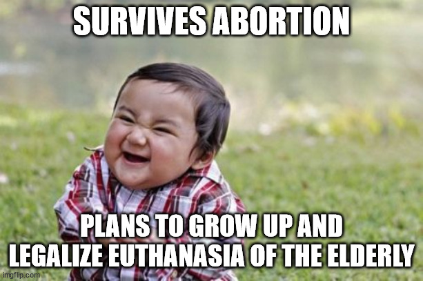 a paradox |  SURVIVES ABORTION; PLANS TO GROW UP AND LEGALIZE EUTHANASIA OF THE ELDERLY | image tagged in memes,evil toddler,abortion,euthanasia,family | made w/ Imgflip meme maker
