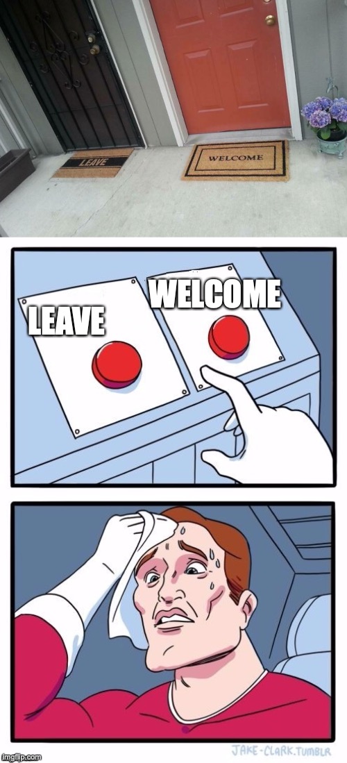 bro what | WELCOME; LEAVE | image tagged in two blank buttons choice,funny,memes,fun,welcome to the internets | made w/ Imgflip meme maker