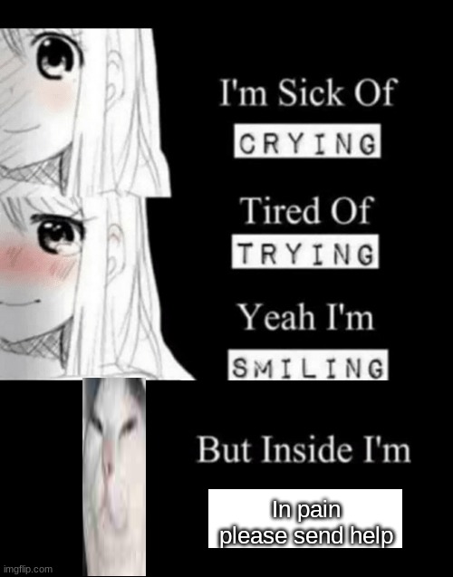 heLP | In pain please send help | image tagged in i'm sick of crying | made w/ Imgflip meme maker