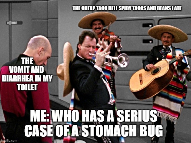 Q Playing Trumpet in Star Trek | THE CHEAP TACO BELL SPICY TACOS AND BEANS I ATE; THE
VOMIT AND 
DIARRHEA IN MY
TOILET; ME: WHO HAS A SERIUS CASE OF A STOMACH BUG | image tagged in q playing trumpet in star trek | made w/ Imgflip meme maker