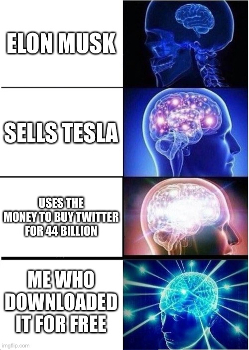 Aloha | ELON MUSK; SELLS TESLA; USES THE MONEY TO BUY TWITTER FOR 44 BILLION; ME WHO DOWNLOADED IT FOR FREE | image tagged in memes,expanding brain | made w/ Imgflip meme maker