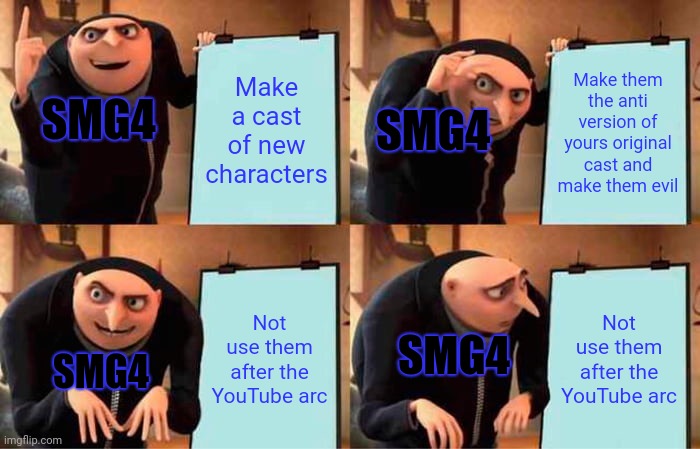 Smg4 plans on the anti cast | Make them the anti version of yours original cast and make them evil; Make a cast of new characters; SMG4; SMG4; Not use them after the YouTube arc; Not use them after the YouTube arc; SMG4; SMG4 | image tagged in memes,gru's plan,smg4 | made w/ Imgflip meme maker