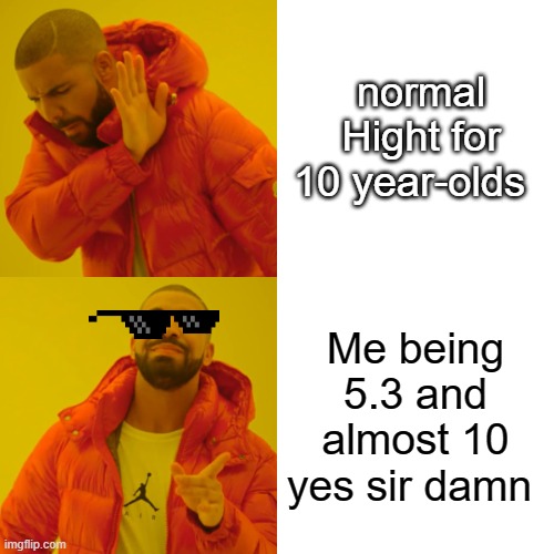 Drake Hotline Bling |  normal Hight for 10 year-olds; Me being 5.3 and almost 10 yes sir damn | image tagged in memes,drake hotline bling | made w/ Imgflip meme maker