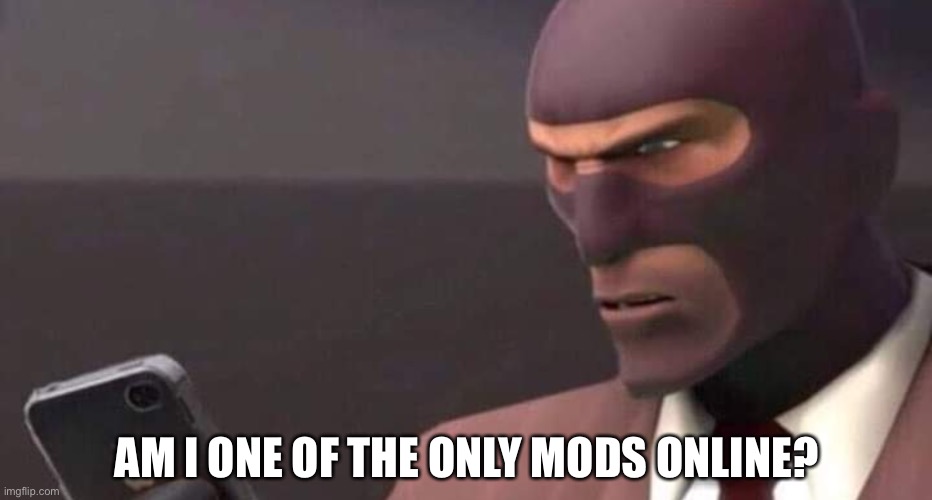 tf2 spy looking at phone | AM I ONE OF THE ONLY MODS ONLINE? | image tagged in tf2 spy looking at phone | made w/ Imgflip meme maker