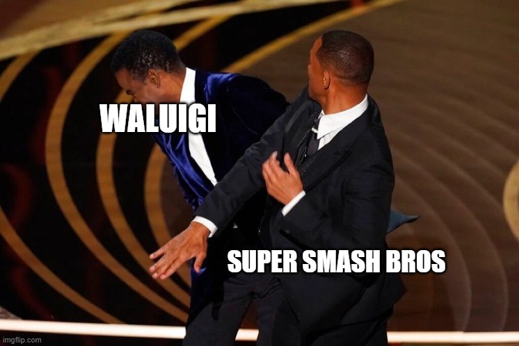 waluigi | WALUIGI; SUPER SMASH BROS | image tagged in will smith slap | made w/ Imgflip meme maker