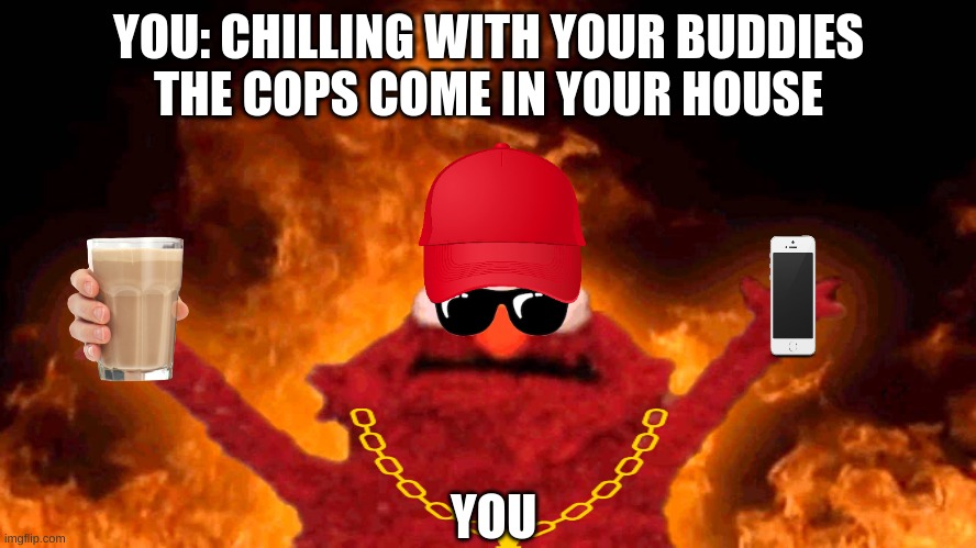 elmo fire | YOU: CHILLING WITH YOUR BUDDIES
THE COPS COME IN YOUR HOUSE; YOU | image tagged in elmo fire | made w/ Imgflip meme maker