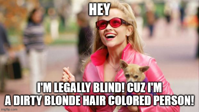 Legally blonde | HEY I'M LEGALLY BLIND! CUZ I'M A DIRTY BLONDE HAIR COLORED PERSON! | image tagged in legally blonde | made w/ Imgflip meme maker