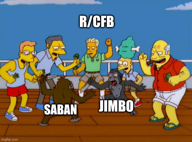 Simpsons Monkey Fight | R/CFB; JIMBO; SABAN | image tagged in simpsons monkey fight | made w/ Imgflip meme maker
