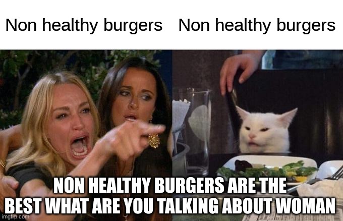 i meant to put healthy burgers for the woman soz | Non healthy burgers; Non healthy burgers; NON HEALTHY BURGERS ARE THE BEST WHAT ARE YOU TALKING ABOUT WOMAN | image tagged in memes,woman yelling at cat | made w/ Imgflip meme maker