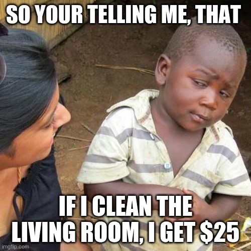 Third World Skeptical Kid | SO YOUR TELLING ME, THAT; IF I CLEAN THE LIVING ROOM, I GET $25 | image tagged in memes,third world skeptical kid | made w/ Imgflip meme maker