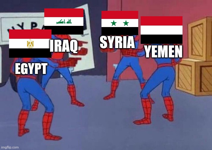 Spiderman Quadruple | IRAQ; SYRIA; YEMEN; EGYPT | image tagged in spiderman quadruple | made w/ Imgflip meme maker