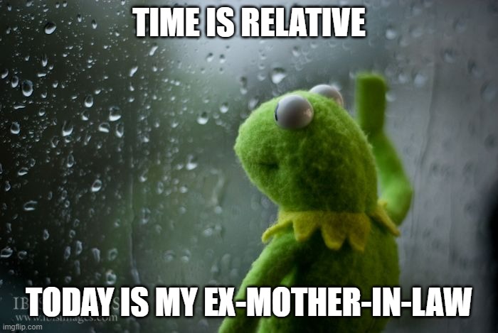 kermit window | TIME IS RELATIVE; TODAY IS MY EX-MOTHER-IN-LAW | image tagged in kermit window | made w/ Imgflip meme maker