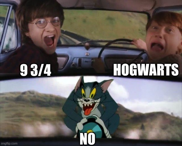 Tom chasing Harry and Ron Weasly | 9 3/4 HOGWARTS NO | image tagged in tom chasing harry and ron weasly | made w/ Imgflip meme maker
