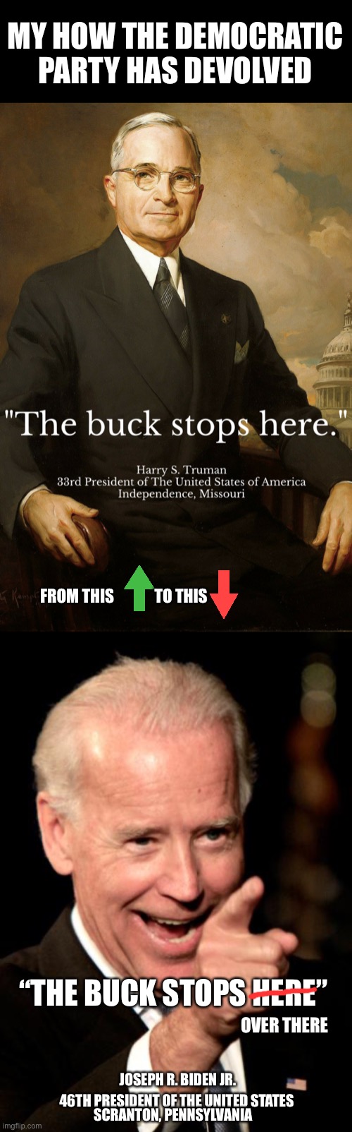 Democrats no longer exist | MY HOW THE DEMOCRATIC PARTY HAS DEVOLVED; FROM THIS             TO THIS; “THE BUCK STOPS HERE”; OVER THERE; JOSEPH R. BIDEN JR. 46TH PRESIDENT OF THE UNITED STATES; SCRANTON, PENNSYLVANIA | image tagged in memes,smilin biden,the left are delusional,zero accountability,muh excuses,its not my fault | made w/ Imgflip meme maker