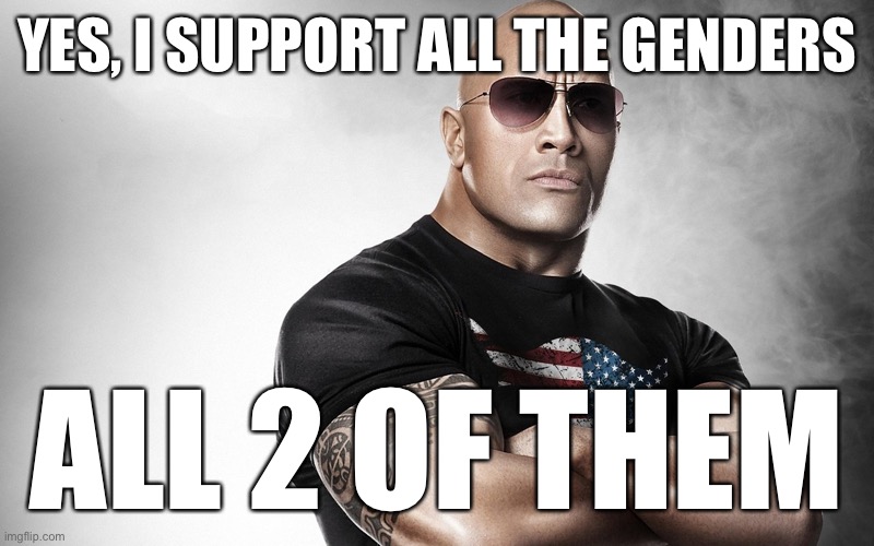dwayne johnson | YES, I SUPPORT ALL THE GENDERS; ALL 2 OF THEM | image tagged in dwayne johnson | made w/ Imgflip meme maker