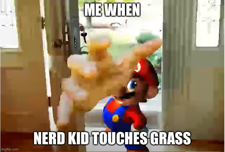 Rip | ME WHEN; NERD KID TOUCHES GRASS | image tagged in mario stealing your liver | made w/ Imgflip meme maker