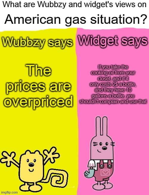 A different take on the gas crisis | American gas situation? If you take the cooking oil from your closet, and if it only costs 2$ a bottle, and they have 10 gallons a bottle, you shouldn't complain and use that; The prices are overpriced | image tagged in wubbzy and widget views,gas | made w/ Imgflip meme maker