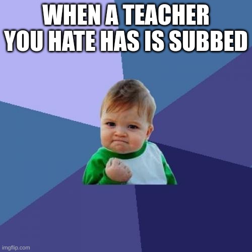 Success Kid Meme | WHEN A TEACHER YOU HATE HAS IS SUBBED | image tagged in memes,success kid | made w/ Imgflip meme maker
