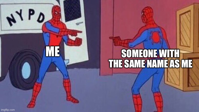 spiderman pointing at spiderman | ME; SOMEONE WITH THE SAME NAME AS ME | image tagged in spiderman pointing at spiderman | made w/ Imgflip meme maker