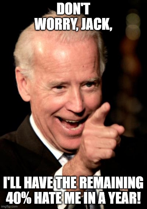 Smilin Biden Meme | DON'T WORRY, JACK, I'LL HAVE THE REMAINING 40% HATE ME IN A YEAR! | image tagged in memes,smilin biden | made w/ Imgflip meme maker