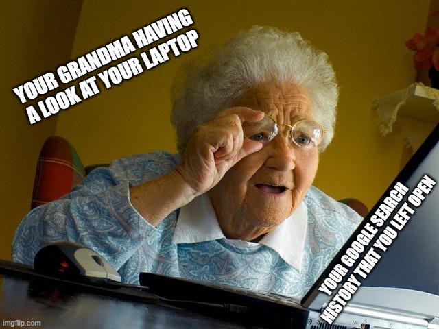 NO GRANDMA DON'T LOOK AT THAT PLEASE! | YOUR GRANDMA HAVING A LOOK AT YOUR LAPTOP; YOUR GOOGLE SEARCH HISTORY THAT YOU LEFT OPEN | image tagged in memes,grandma finds the internet | made w/ Imgflip meme maker