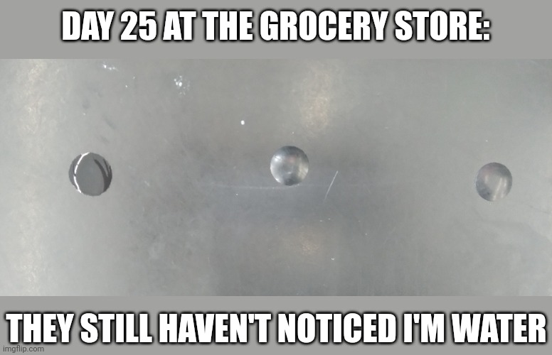 Where's my water? | DAY 25 AT THE GROCERY STORE:; THEY STILL HAVEN'T NOTICED I'M WATER | image tagged in hidden,water | made w/ Imgflip meme maker
