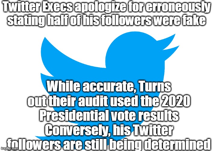 News from the Gold Standard of Bullshit | Twitter Execs apologize for erroneously stating half of his followers were fake; While accurate, Turns out their audit used the 2020 Presidential vote results
Conversely, his Twitter followers are still being determined | image tagged in twitter,biden,fake news | made w/ Imgflip meme maker