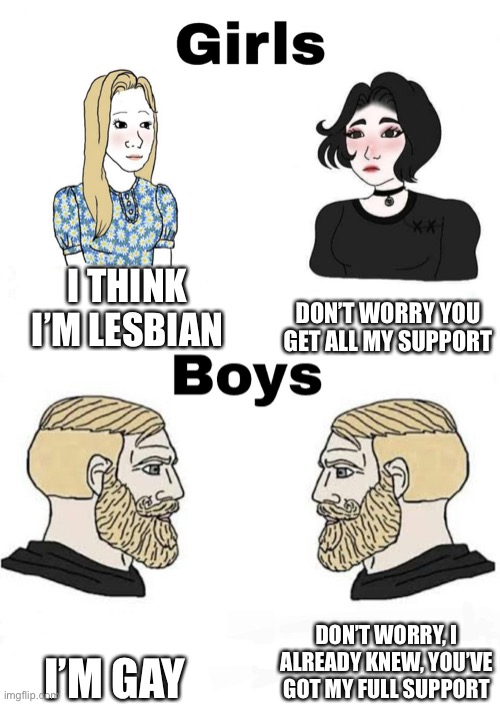 Girls vs Boys | I THINK I’M LESBIAN; DON’T WORRY YOU GET ALL MY SUPPORT; DON’T WORRY, I ALREADY KNEW, YOU’VE GOT MY FULL SUPPORT; I’M GAY | image tagged in girls vs boys | made w/ Imgflip meme maker