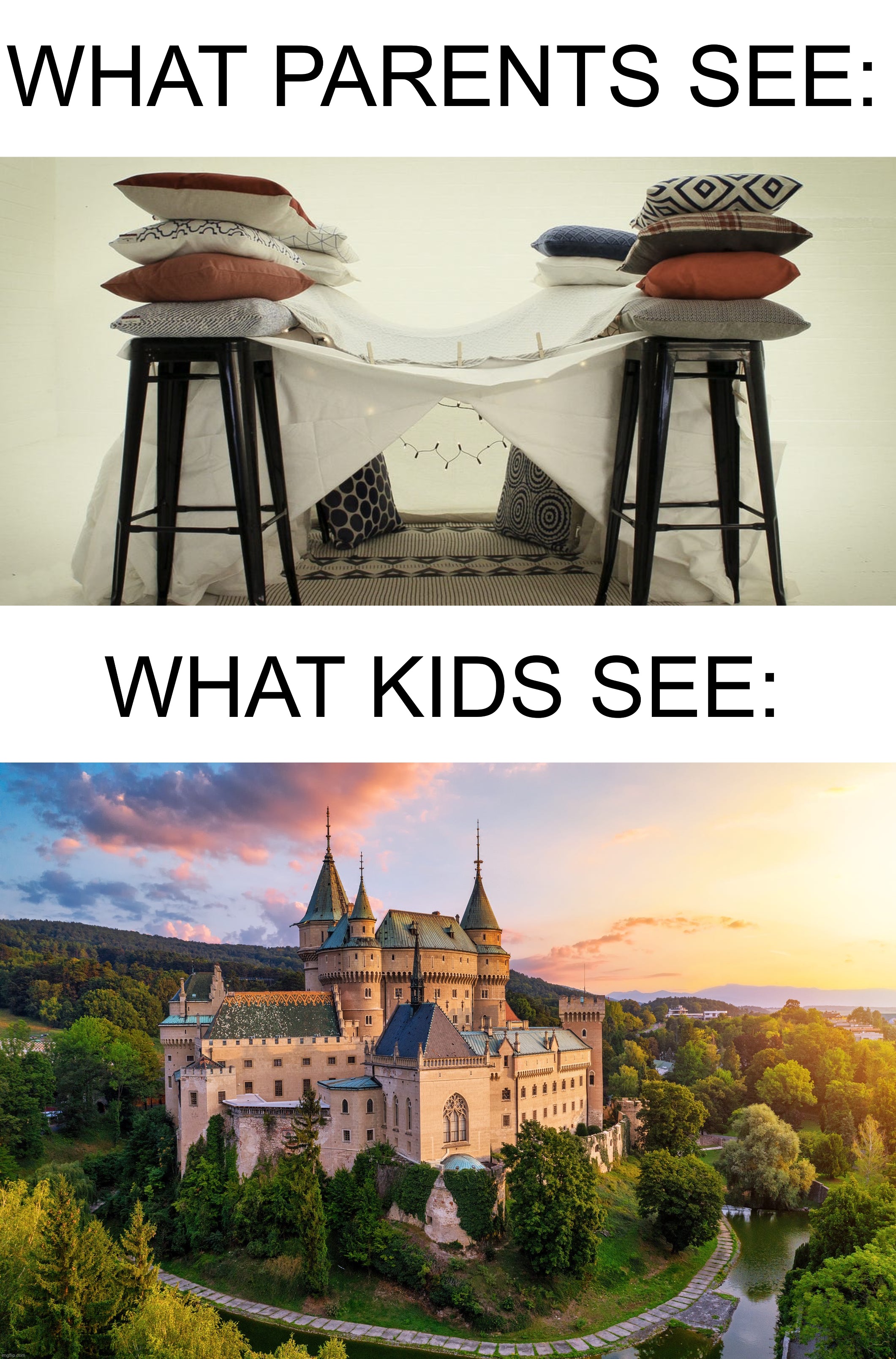 True story |  WHAT PARENTS SEE:; WHAT KIDS SEE: | image tagged in memes,funny,what adults see what kids see,true story,castle,pillow fort | made w/ Imgflip meme maker