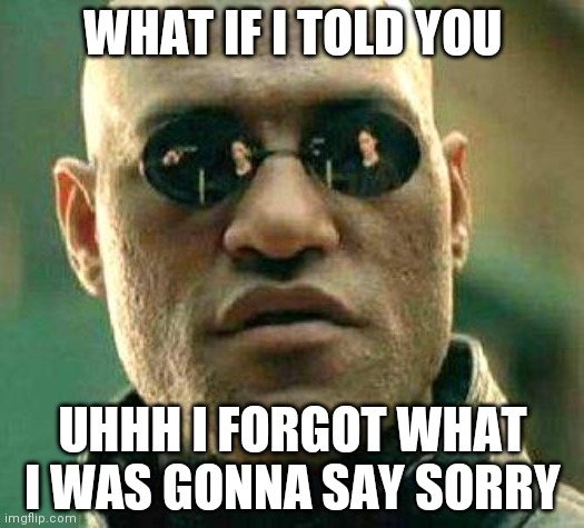 oops | WHAT IF I TOLD YOU; UHHH I FORGOT WHAT I WAS GONNA SAY SORRY | image tagged in what if i told you | made w/ Imgflip meme maker