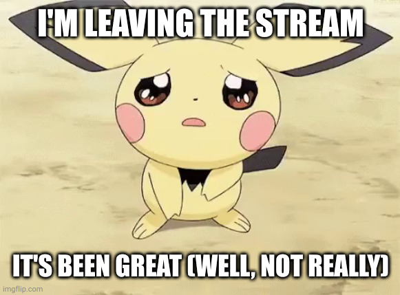 bye bye | I'M LEAVING THE STREAM; IT'S BEEN GREAT (WELL, NOT REALLY) | image tagged in sad pichu | made w/ Imgflip meme maker