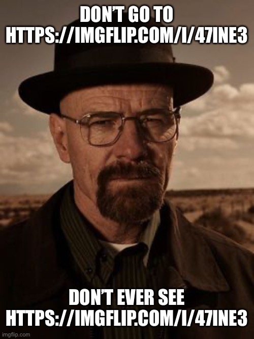https://imgflip.com/i/47ine3 don’t do it | DON’T GO TO HTTPS://IMGFLIP.COM/I/47INE3; DON’T EVER SEE HTTPS://IMGFLIP.COM/I/47INE3 | image tagged in walter white,dont do it | made w/ Imgflip meme maker
