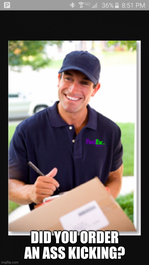 Fedex Guy | DID YOU ORDER AN ASS KICKING? | image tagged in fedex guy | made w/ Imgflip meme maker